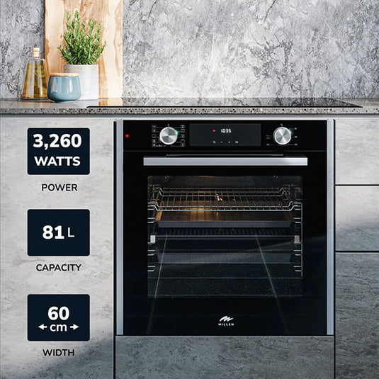 Millen 60cm Built-in Electric Oven MEO 6005 BL 10 Cooking Modes 3260W, 3 Year Warranty