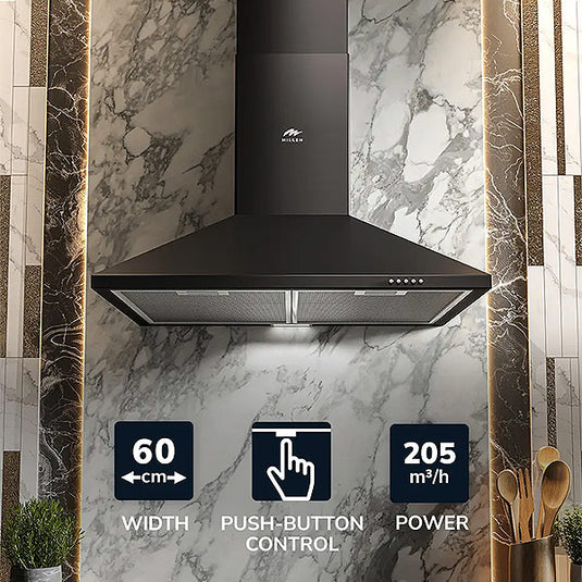 Millen 60cm Black Chimney Range Hood MKH 604 BL Stainless Steel 65W, 3 Year Warranty