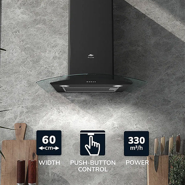 Load image into Gallery viewer, Millen Black Chimney Range Hood MKHG 603 BL Curved Glass 65W, 3 Year Warranty