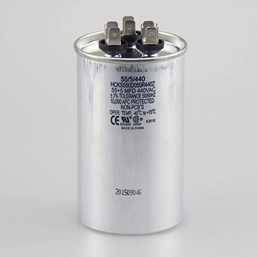 Load image into Gallery viewer, 55 + 5 MFD Capacitor Micro Farad 370 or 440 Volt Dual Run Round Capacitor
