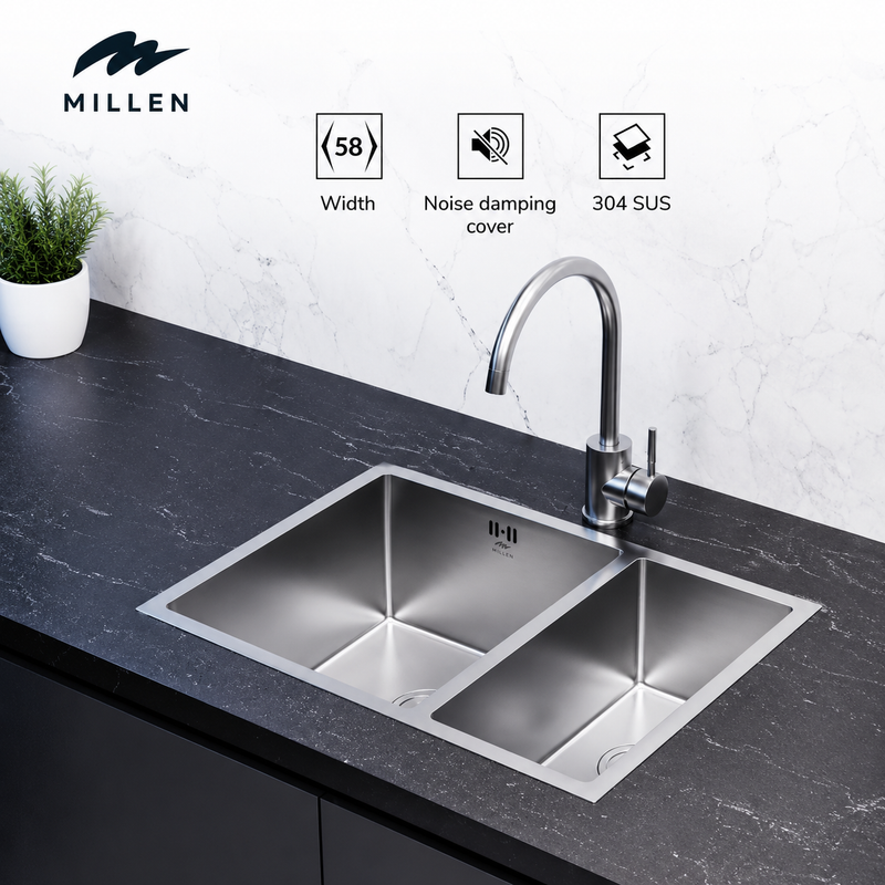 Load image into Gallery viewer, Millen Premium Handmade Undermount Top mount Double Bowl Sink - SUS 304 Stainless Steel, Soundproof, Satin Finish - MSDB584420SS