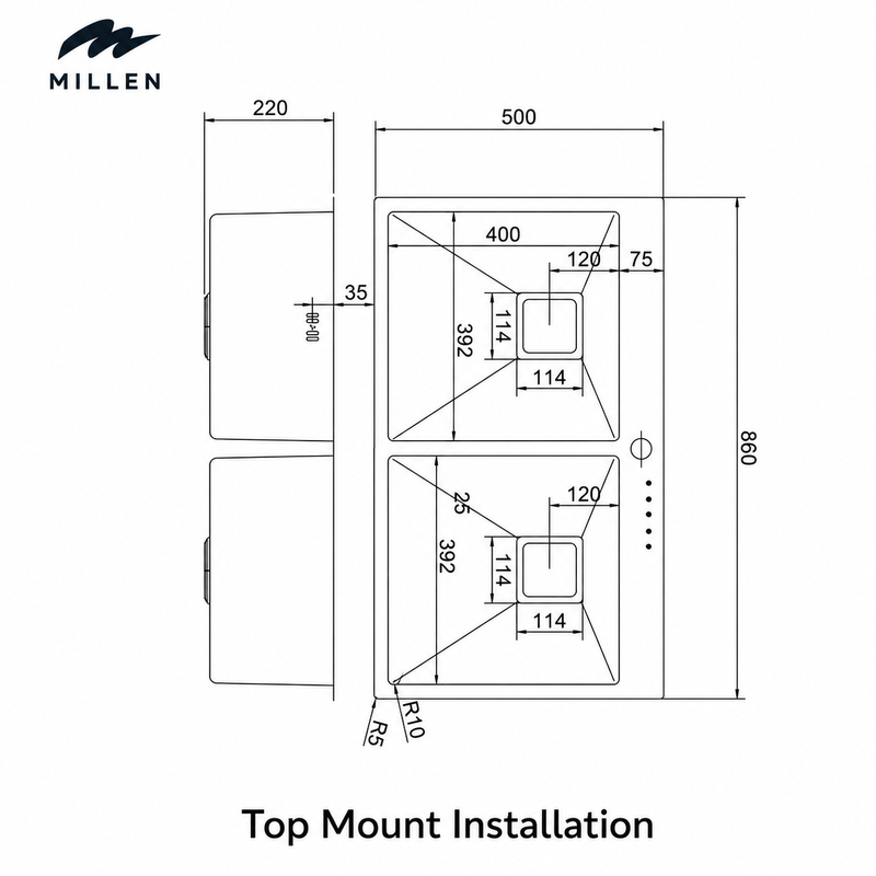 Load image into Gallery viewer, MILLEN Handmade Topmount Sink, Double Bowl, Satin Finish, Soundproof, Color Stainless Steel Model – MTPSDB865022SS – 1 Year Warranty