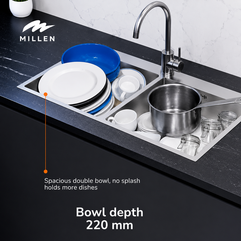 Load image into Gallery viewer, MILLEN Handmade Topmount Sink, Double Bowl, Satin Finish, Soundproof, Color Stainless Steel Model – MTPSDB865022SS – 1 Year Warranty