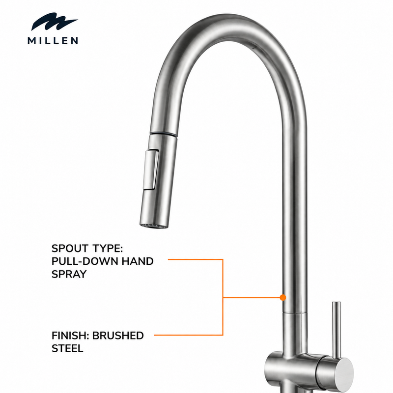 Load image into Gallery viewer, MILLEN Single Lever Kitchen Faucet Mixer with 360° Swivel, Pull-down Hand Spray, Brushed Stainless Steel - MMF202BR, 1Y Warranty