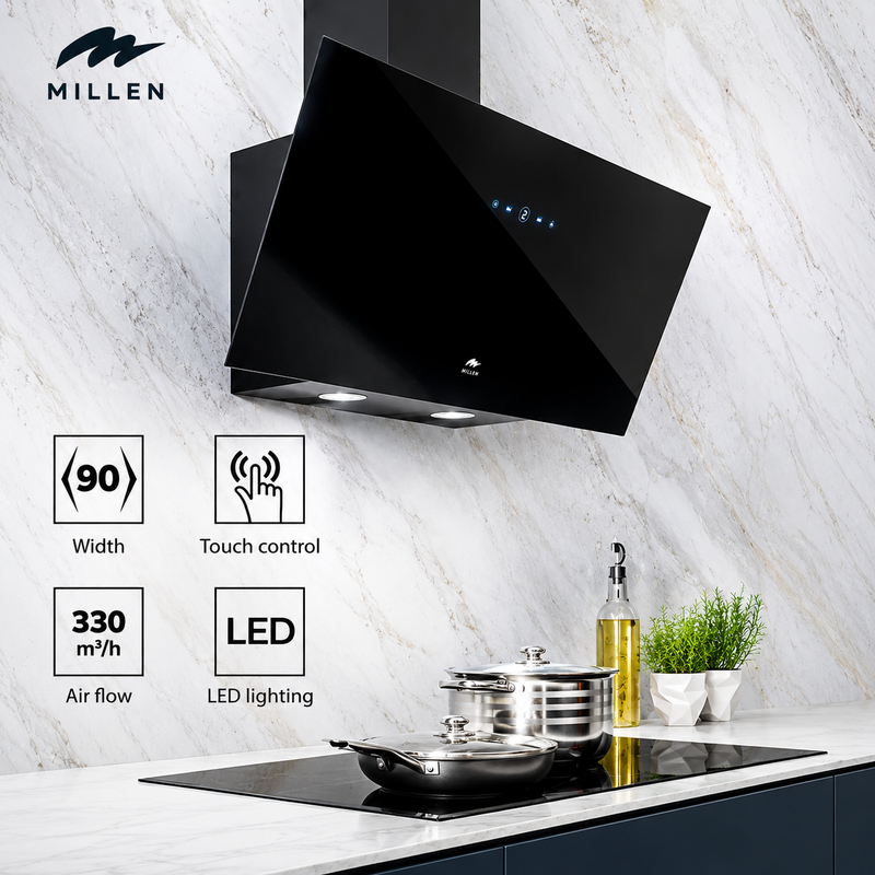 Load image into Gallery viewer, MILLEN 90cm Angled Range Hood - Tempered Black Glass, MKHG 904 BL, 3 Years Warranty
