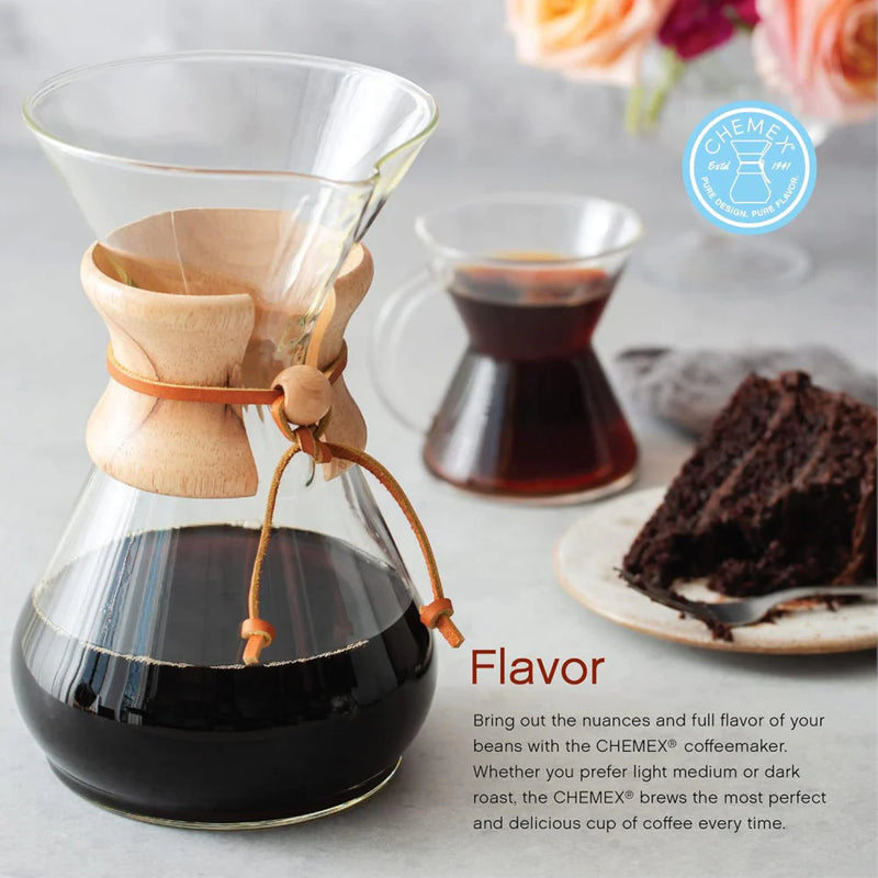 Load image into Gallery viewer, Chemex Classic Series 6-cup pour-over coffeemaker with the signature wood collar and leather cord. image