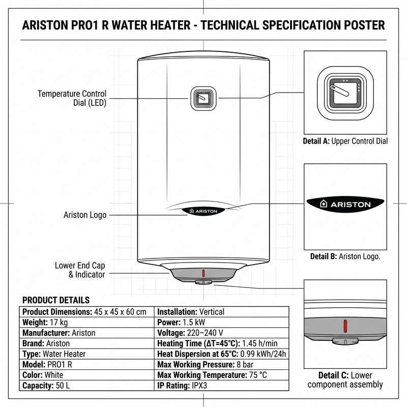 Load image into Gallery viewer, Ariston Electric Water Heater Vertical PRO1 R Italy, 50 L - White
