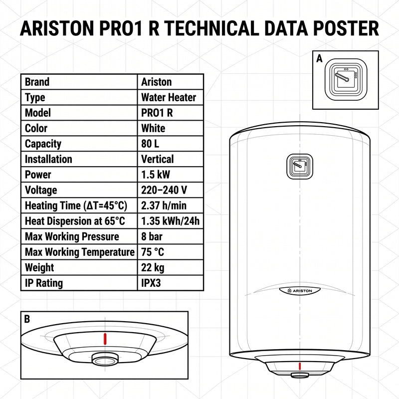 Load image into Gallery viewer, Ariston Electric Water Heater Vertical PRO1 R Italy, 80 L - White