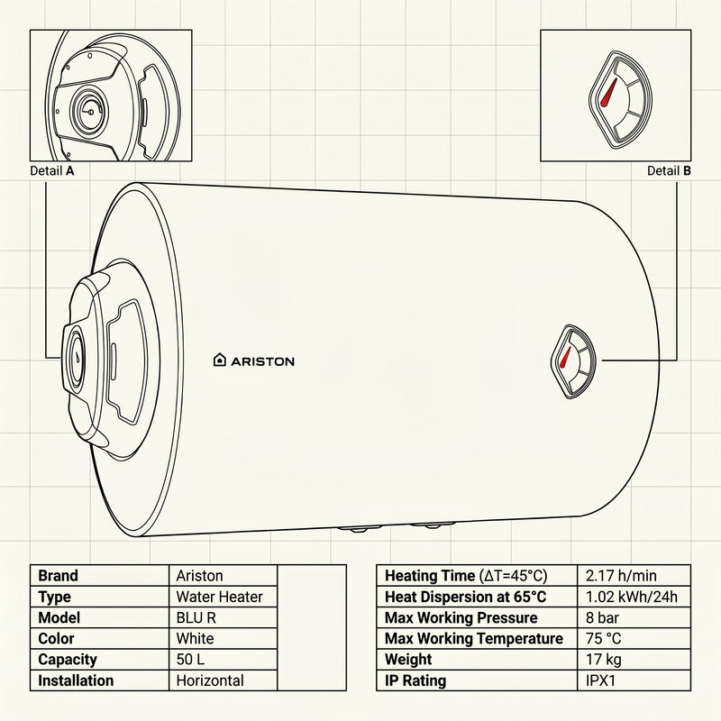 Load image into Gallery viewer, Ariston Electric Water Heater Horizontal BLU R, 50 L - White
