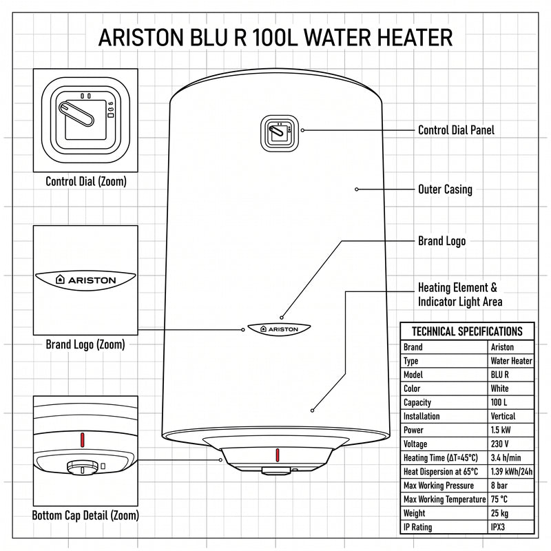 Load image into Gallery viewer, Ariston Electric Water Heater Vertical BLU R, 100 L - White