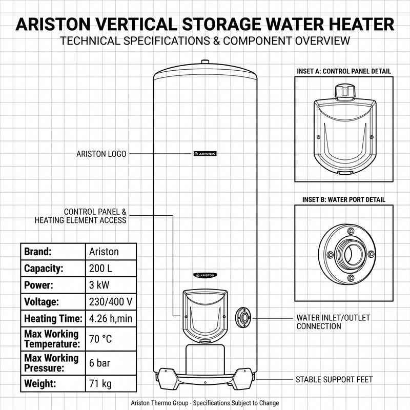 Load image into Gallery viewer, Ariston ARI 200 Vertical STAB Water Heater 300W - 200L
