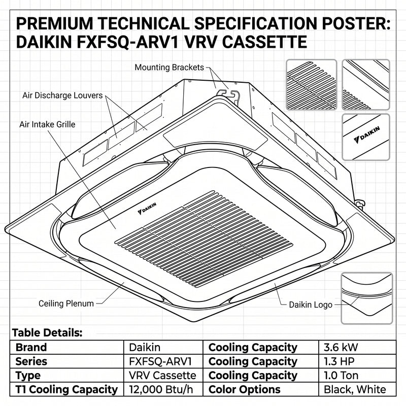Load image into Gallery viewer, Daikin Cassette Splits for VRV Systems 1.0 Ton 3.6 kW 1.3 HP 12,000 Btu/h FXFSQ32ARV1 Black