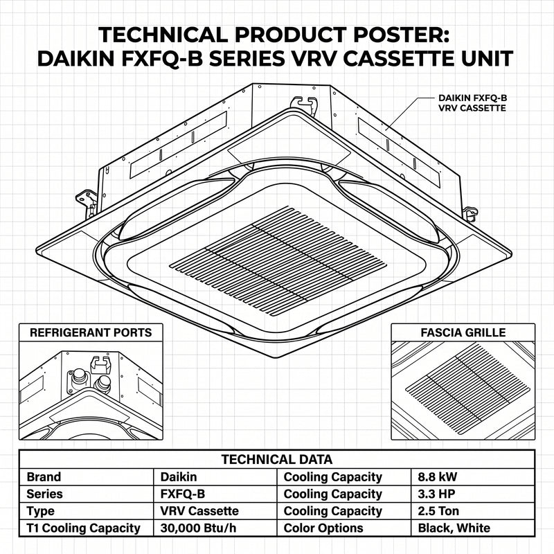 Load image into Gallery viewer, Daikin Cassette Splits for VRV Systems 2.5 Ton | 8.8 kW | 3.3 HP | 30,000 Btu/h FXFQ80B Black
