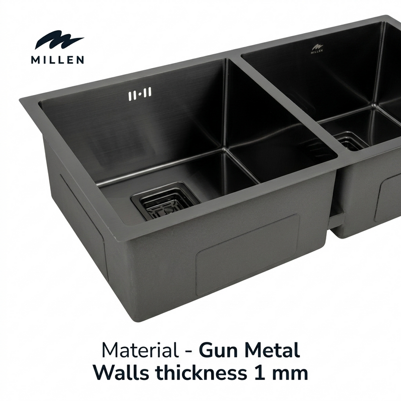 Load image into Gallery viewer, MILLEN Handmade Undermount Sink, Double Bowl, Gunmetal Satin Finish, Soundproof, Color Gunmetal Model – MSDB864422GM – 1 Year Warranty.