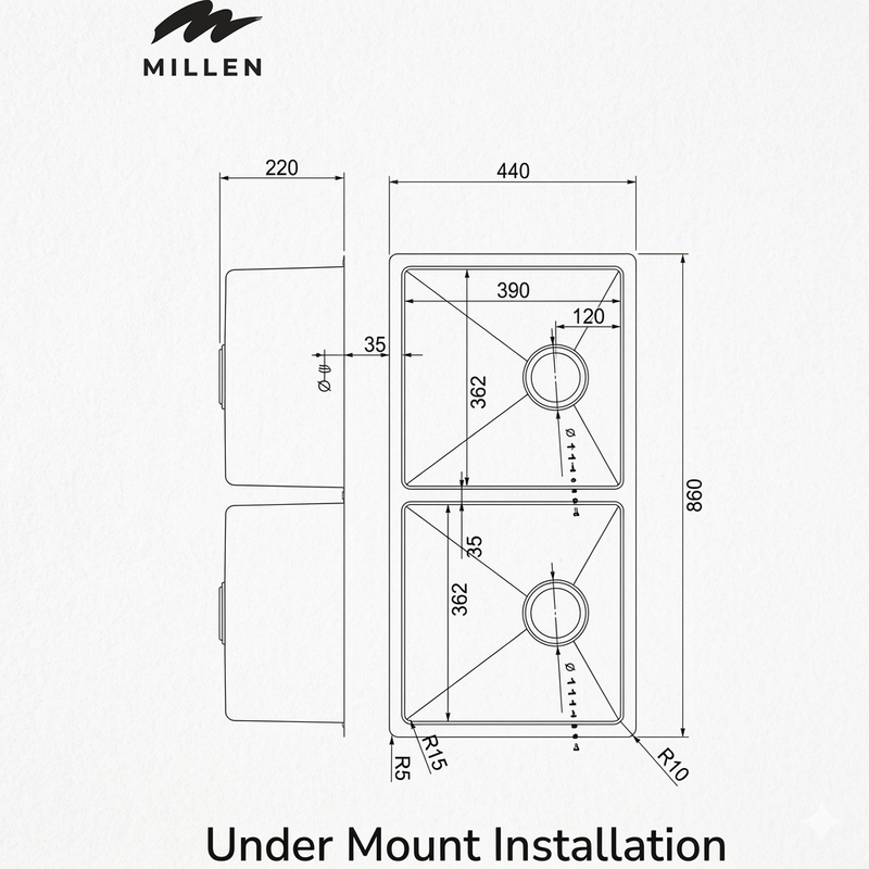 Load image into Gallery viewer, MILLEN Handmade Undermount Sink, Double Bowl, Satin Finish, Soundproof, Color Stainless Steel Model – MSDB764522SS – 1 Year Warranty
