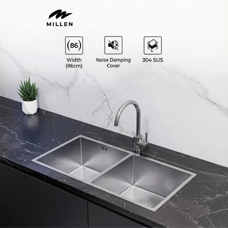 Load image into Gallery viewer, MILLEN Handmade Undermount Sink, Double Bowl, Satin Finish, Soundproof, Color Stainless Steel Model – MSDB764522SS – 1 Year Warranty