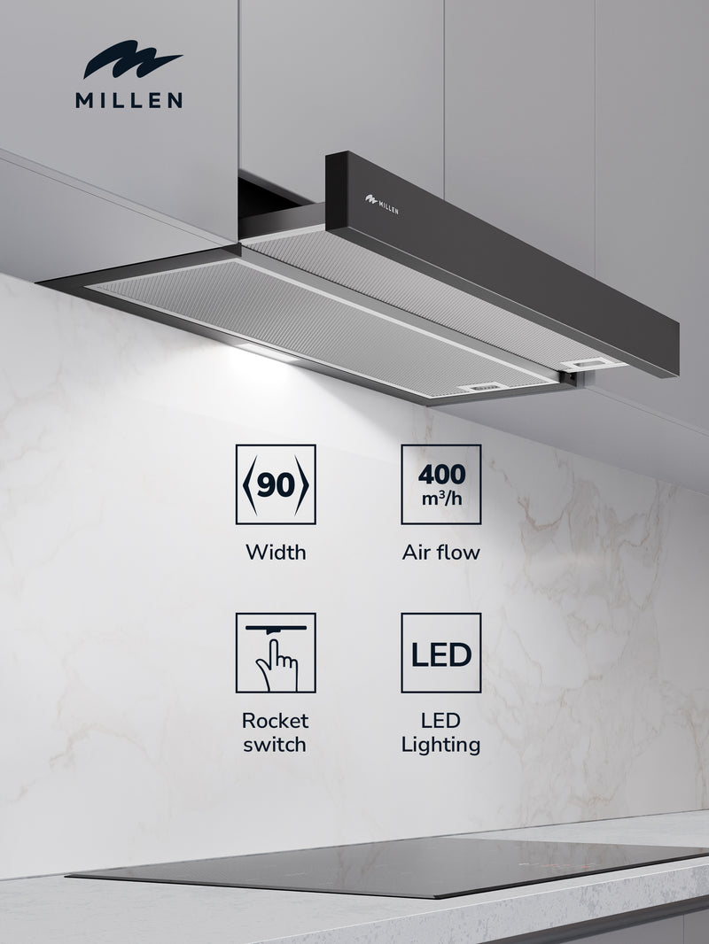 Load image into Gallery viewer, MILLEN 90 cm Slide-Out Black Range Hood 400 m3/h – MBRHS 901 BL