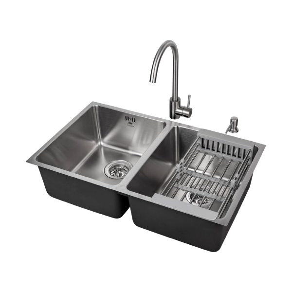 Load image into Gallery viewer, Millen Premium Undermount Top Mount Double Bowl Sink with Faucet and Soap Dispanser – 304 Stainless Steel, Soundproof, Satin Finish - MS7544 SET, 3Y Warranty