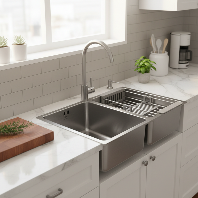 Load image into Gallery viewer, Millen Premium Undermount Top Mount Double Bowl Sink with Faucet and Soap Dispanser – 304 Stainless Steel, Soundproof, Satin Finish - MS7544 SET, 3Y Warranty