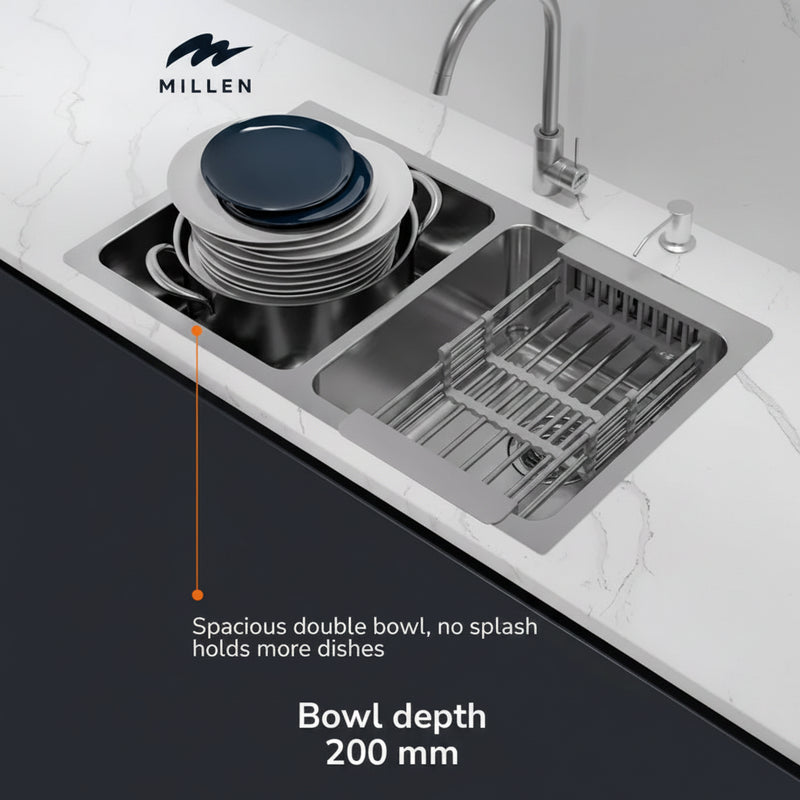 Load image into Gallery viewer, Millen Premium Undermount Top Mount Double Bowl Sink with Faucet and Soap Dispanser – 304 Stainless Steel, Soundproof, Satin Finish - MS7544 SET, 3Y Warranty