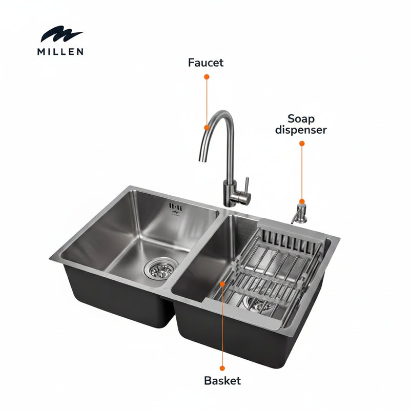 Load image into Gallery viewer, Millen Premium Undermount Top Mount Double Bowl Sink with Faucet and Soap Dispanser – 304 Stainless Steel, Soundproof, Satin Finish - MS7544 SET, 3Y Warranty