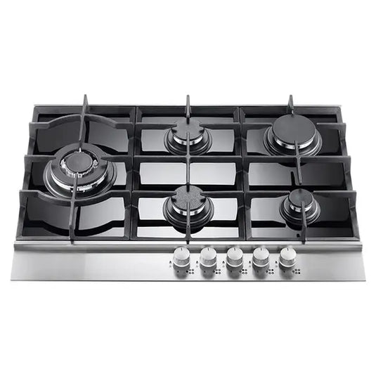 Baumatic BMEH9GGSS-3 90cm 5 Burner Gas Hob Cast Iron Pan Stands, Black Glass