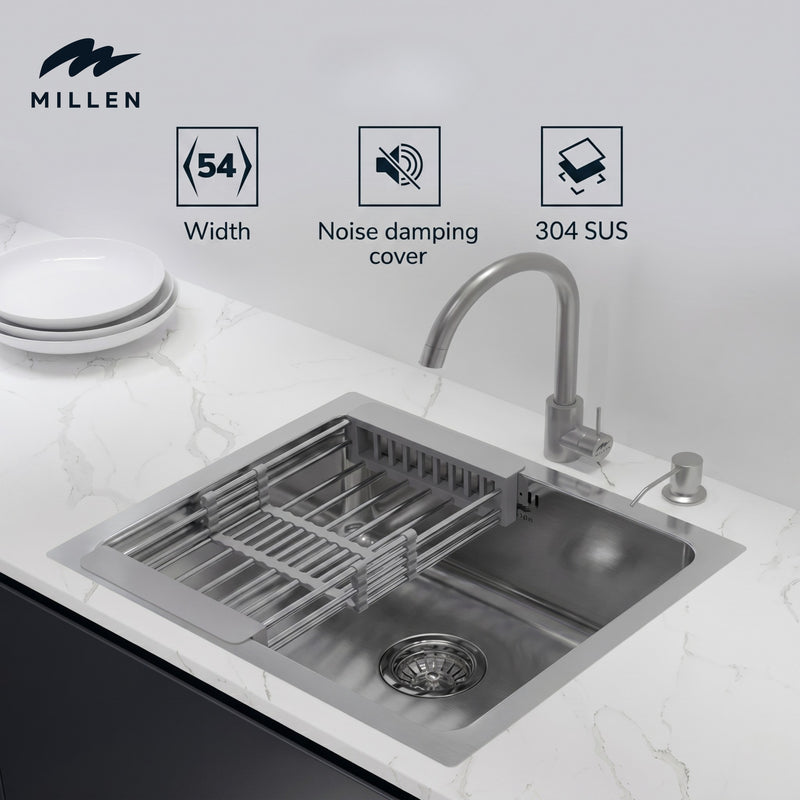 Load image into Gallery viewer, Millen Premium Undermount Top Mount Single Bowl Sink with Faucet – 304 Stainless Steel, Soundproof, Satin Finish - MS5444 SET, 3Y Warranty