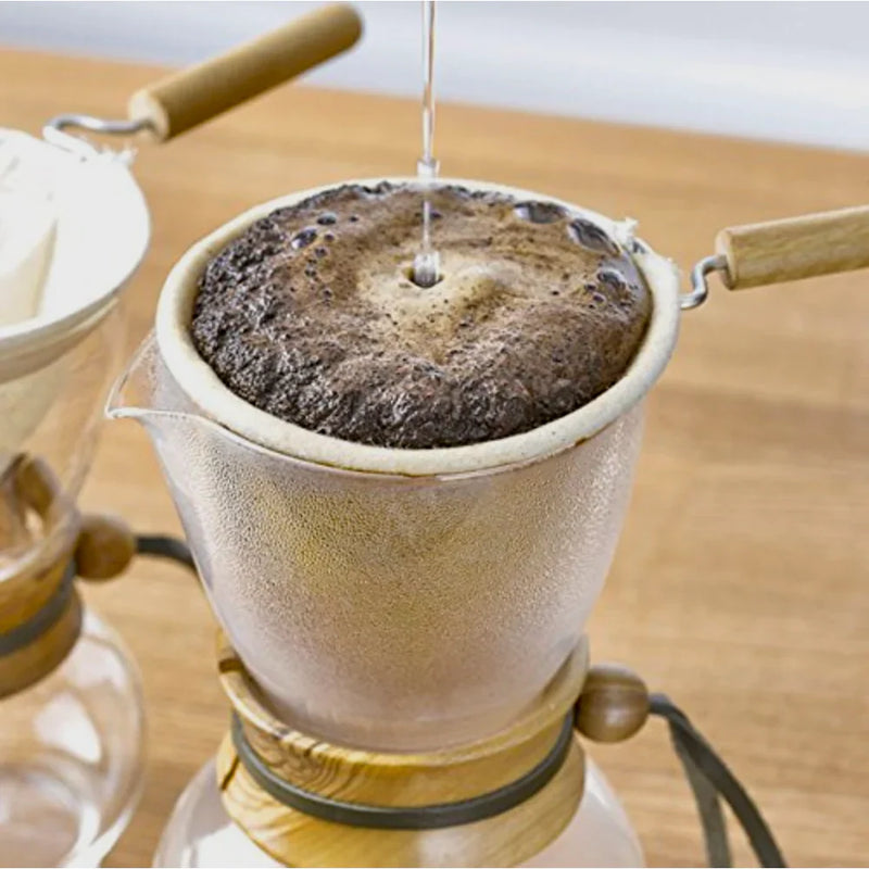 Load image into Gallery viewer, Hario Drip Pot with Olive Woodneck collar and reusable cloth filter for authentic Nel drip coffee brewing.