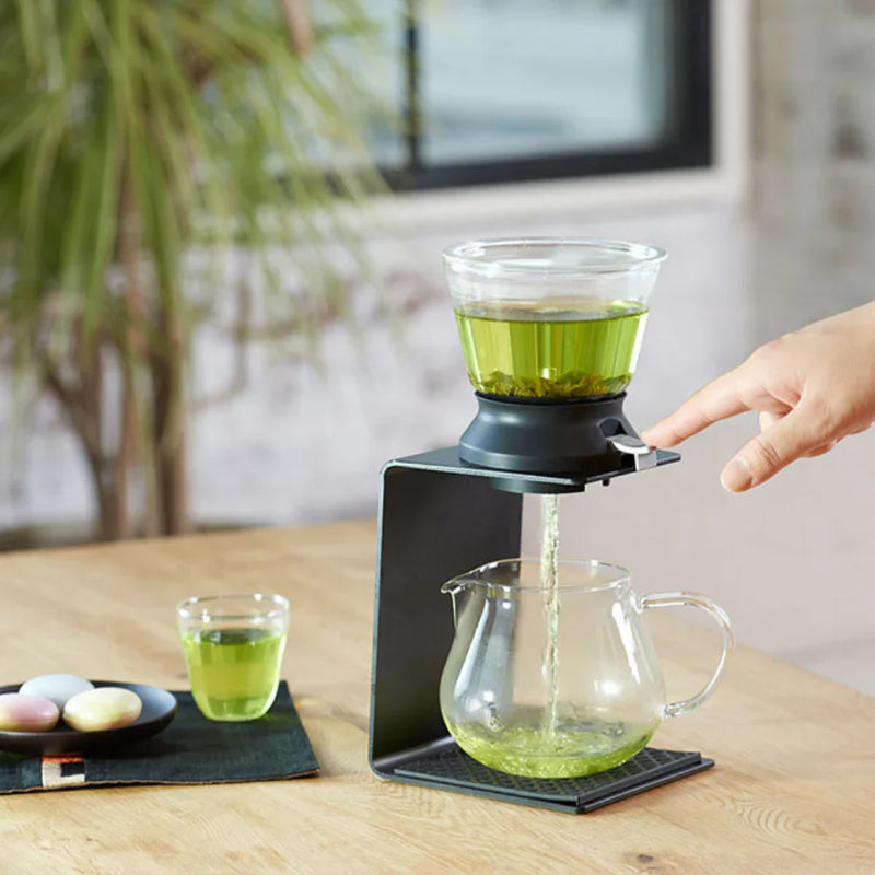 Load image into Gallery viewer, Hario Tea Dripper LARGO 35 set featuring a round glass steeping bowl, silicone base, and matching 800ml glass server.
