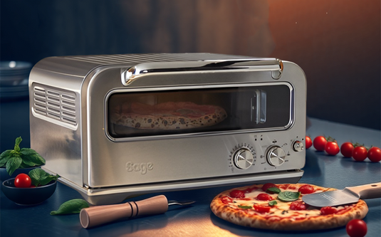 Silver toaster oven with a pizza inside, surrounded by ingredients on a dark surface.