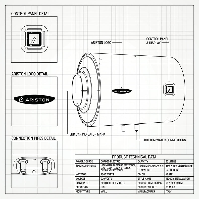 Load image into Gallery viewer, Ariston Electric Water Heater Horizontal PRO1 R Italy, 50 Liter - White