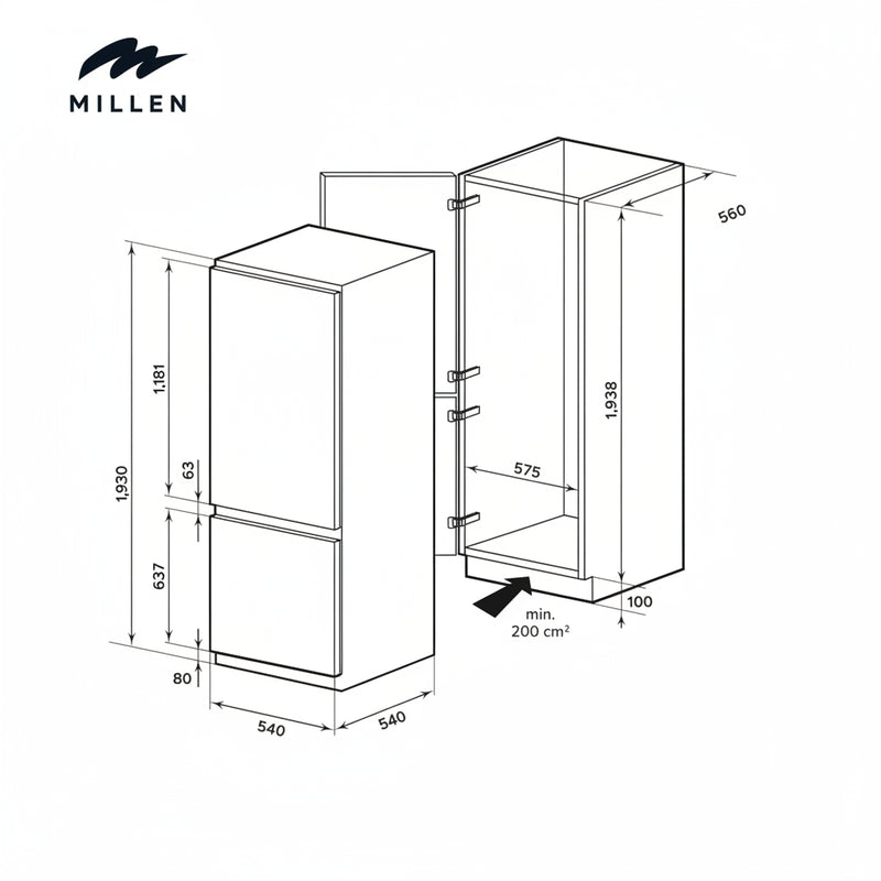 Load image into Gallery viewer, Millen Built-in Refrigerator, 260L Capacity, No Frost, 2 Door Fridge-Freezer, Electronic Control, LED Backlight, Inverter compressor, MBIA 193.3ID white 3 Year Warranty