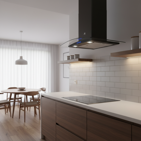 Millen Black Chimney Range Hood MKHG 603 BL Curved Glass 65W, 3 Year Warranty