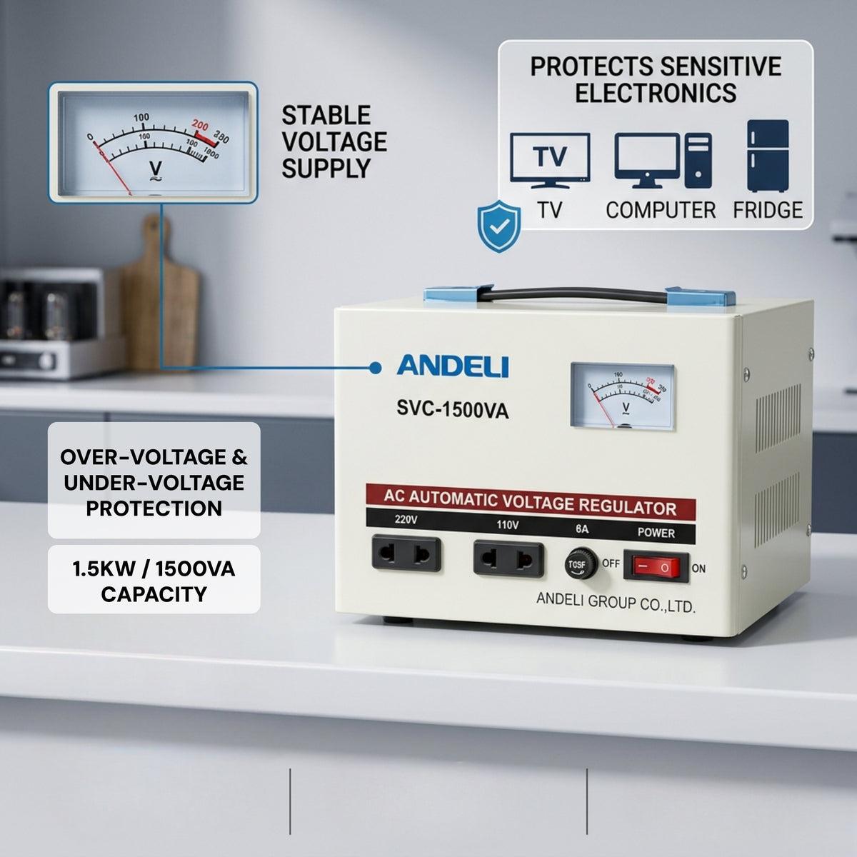 Andeli Fully Automatic Voltage Stabilizer SVC 1500 VA 1.5 KVA Single (1) Phase 220V