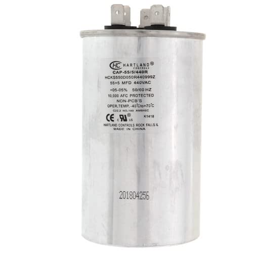 Load image into Gallery viewer, 55 + 5 MFD Capacitor Micro Farad 370 or 440 Volt Dual Run Round Capacitor
