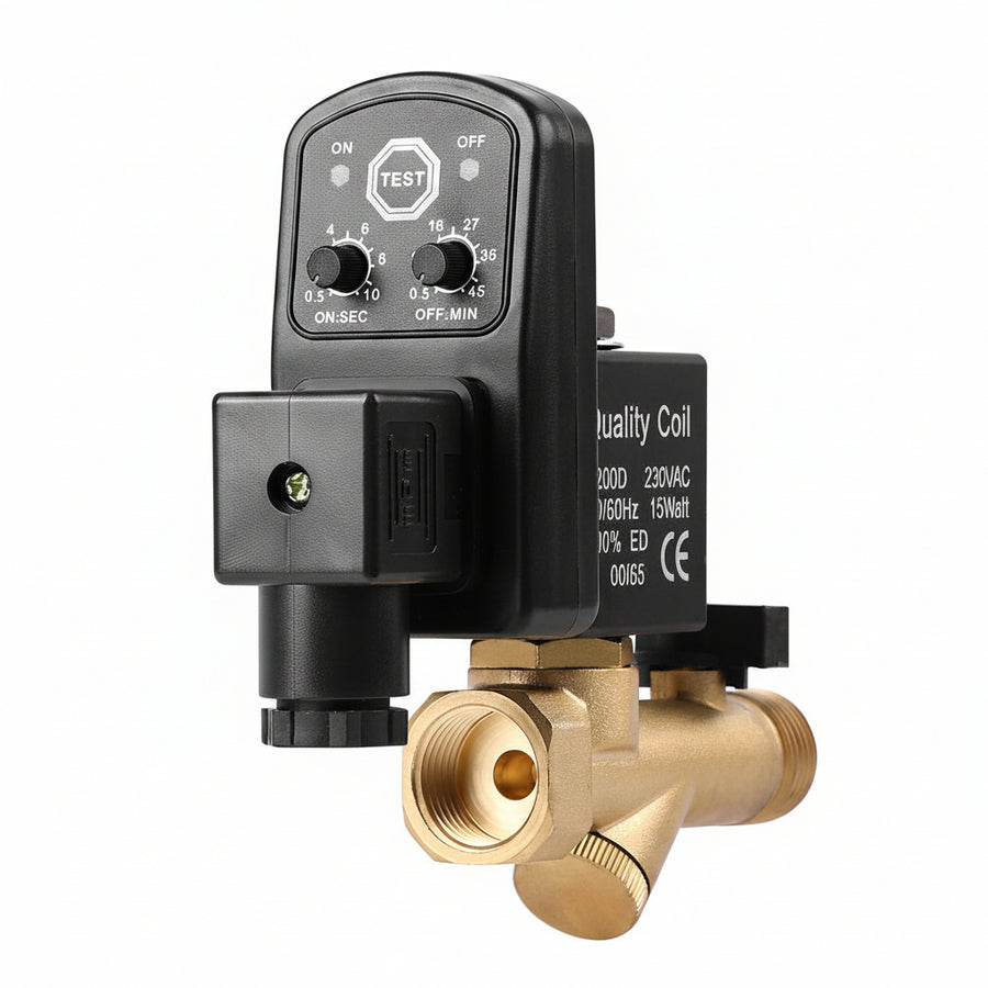 Automatic Electronic Timed Drain Valve Air Tank Water Moisture for Air Compressor Condensate G1 2 DN15, Integrated Valve AC 230V