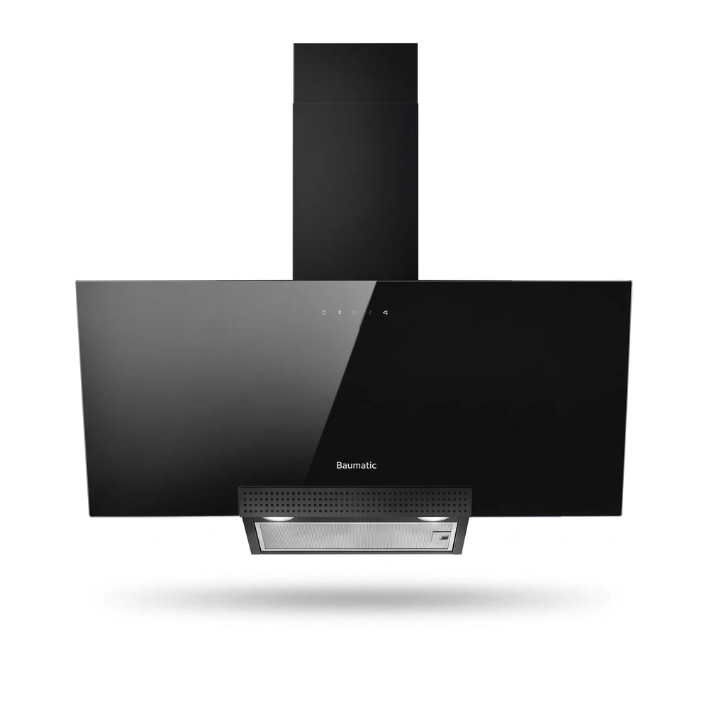 Baumatic 90cm Wall Mounted Chimney Cooker Hood wirh Touch Control, Black Glass