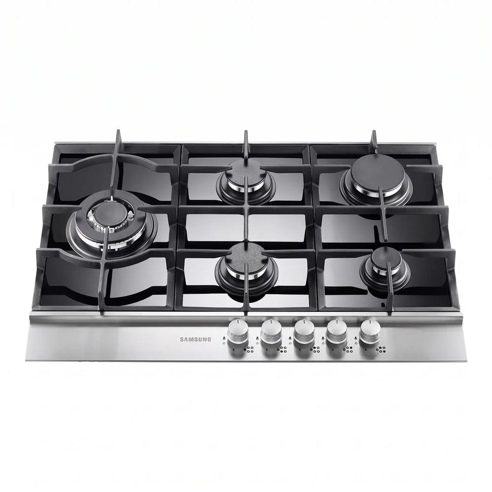 Baumatic BMEH9GGSS-3 90cm 5 Burner Gas Hob Cast Iron Pan Stands, Black Glass
