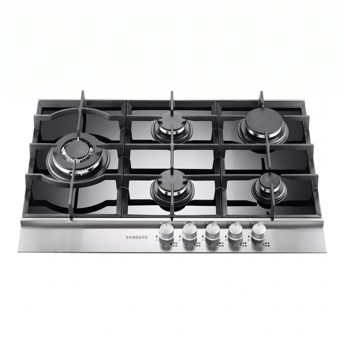 Baumatic BMEH9GGSS-3 90cm 5 Burner Gas Hob Cast Iron Pan Stands, Black Glass