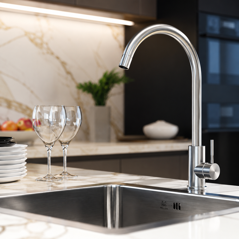 Load image into Gallery viewer, MILLEN Single Lever Kitchen Faucet Mixer with 360° Swivel, Brushed Stainless Steel - MM01BR, 1Y Warranty
