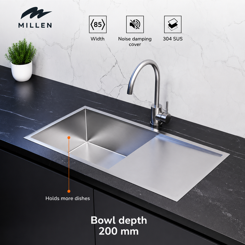 Load image into Gallery viewer, Millen Premium Handmade Undermount Top mount Single Bowl Sink With Drainer - SUS 304 Stainless Steel, Soundproof, Satin Finish - MSD854420SS
