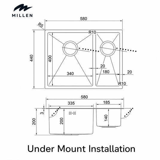Millen Premium Handmade Undermount Top mount Double Bowl Sink - SUS 304 Stainless Steel, Soundproof, Satin Finish - MSDB584420SS