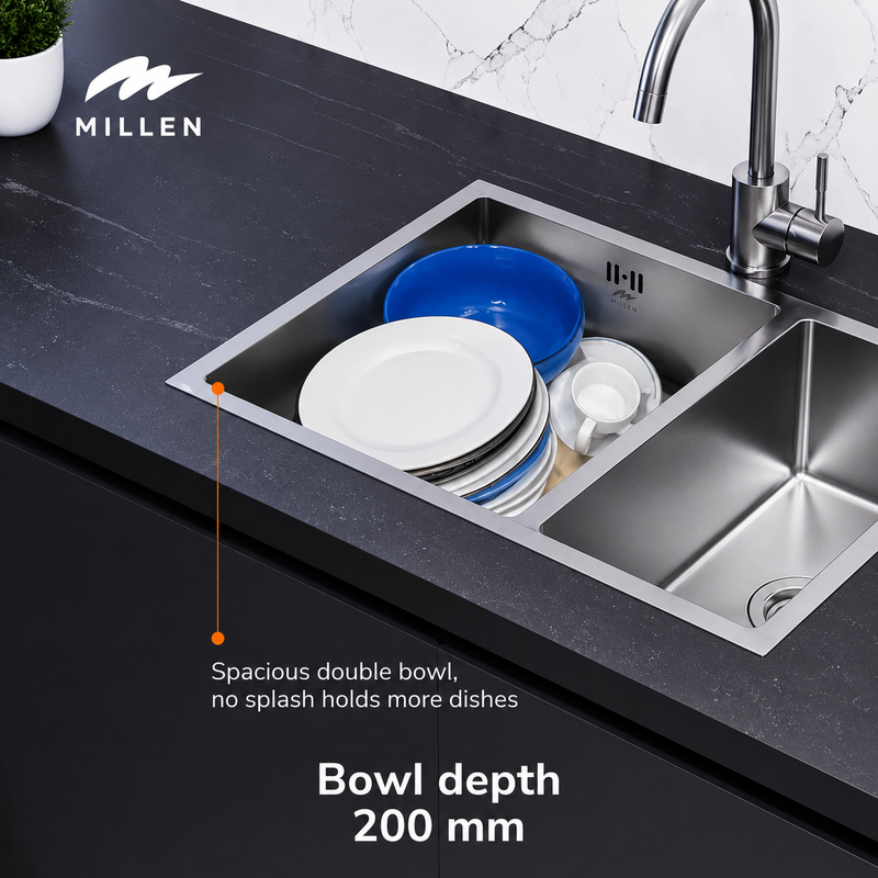 Load image into Gallery viewer, Millen Premium Handmade Undermount Top mount Double Bowl Sink - SUS 304 Stainless Steel, Soundproof, Satin Finish - MSDB584420SS
