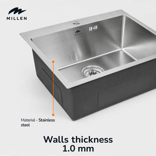 MILLEN Topmount Sink, Single Bowl, Satin Finish, Soundproof, Color Stainless Steel Model – MTMS6050SS – 1 Year Warranty
