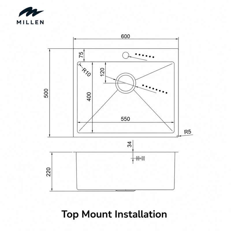 Load image into Gallery viewer, MILLEN Topmount Sink, Single Bowl, Satin Finish, Soundproof, Color Stainless Steel Model – MTMS6050SS – 1 Year Warranty

