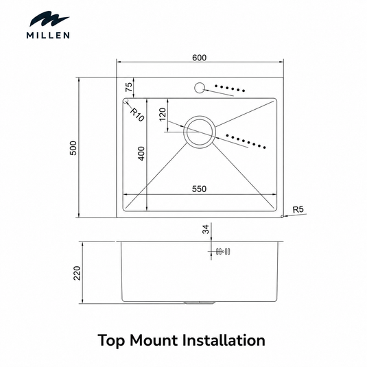 MILLEN Topmount Sink, Single Bowl, Satin Finish, Soundproof, Color Stainless Steel Model – MTMS6050SS – 1 Year Warranty