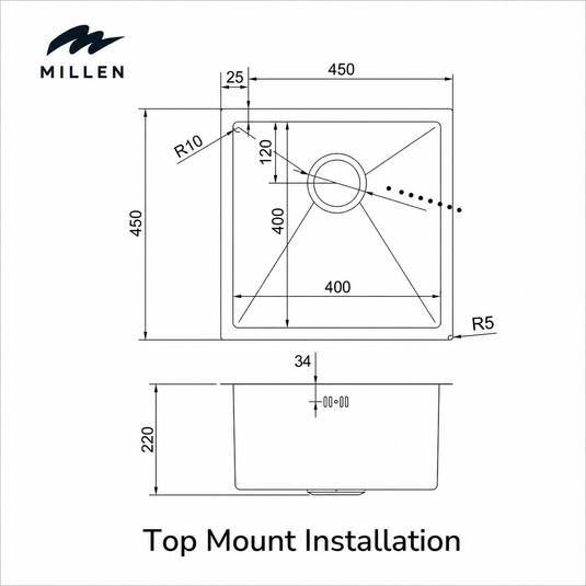 MILLEN Topmount Sink, Single Bowl, Satin Finish, Soundproof, Color Stainless Steel Model – MTMS454519SS – 1 Year Warranty
