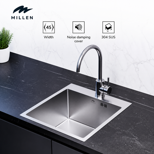 MILLEN Topmount Sink, Single Bowl, Satin Finish, Soundproof, Color Stainless Steel Model – MTMS454519SS – 1 Year Warranty