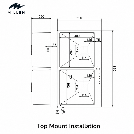 MILLEN Handmade Topmount Sink, Double Bowl, Satin Finish, Soundproof, Color Stainless Steel Model – MTPSDB865022SS – 1 Year Warranty
