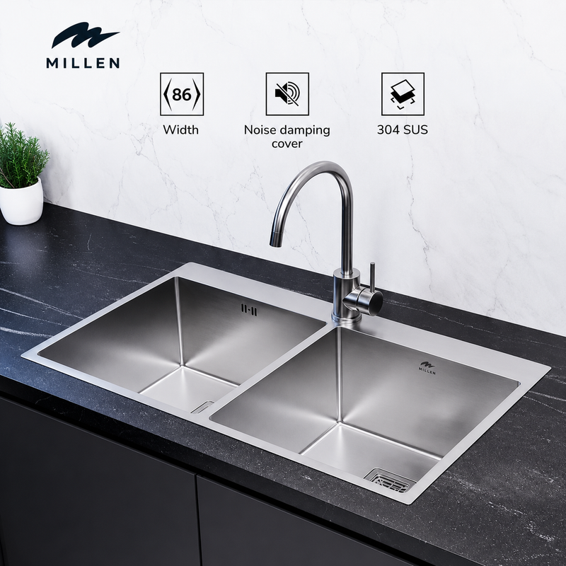 Load image into Gallery viewer, MILLEN Handmade Topmount Sink, Double Bowl, Satin Finish, Soundproof, Color Stainless Steel Model – MTPSDB865022SS – 1 Year Warranty
